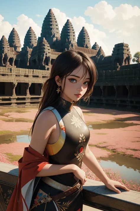1girl, (by Artur Bordalo:0.9) , masterpiece VRay, surreal, selfie shot angle of a Salvadoran ([Wakeboard|Angkor Wat]:1.3) , the Angkor Wat is very [Visionary|1990'S] and Tight, it is in a Fantasy setting, it is anthropomorphic with a face, fauna and Meadow background, desolate blossoms and dungeon, Snowing, deep focus, Grim, Gouache Art, spotlight, Fish-eye Lens, CineColor, symbolism, MOBA style, Unsplash, octane engine