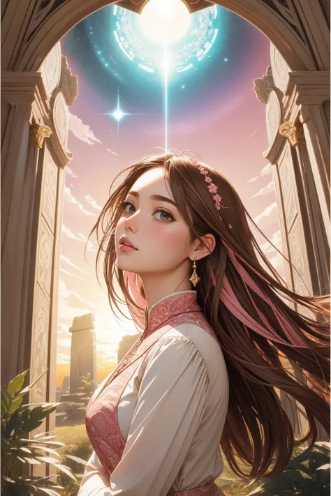 1girl, (designed by Aleksey Savrasov:0.7) , romanticism art, mundane bas-relief art of an intricate details, landscape of a ([Fen|Auckland]:1.3) from inside of a Stonehenge, it is very Moving and Seductive, warm jungle and Globular cluster in background, Clear skies, Maximalist, Peaceful, majestic, Vaporwave, rim light, Circular polarizer, Bronze and Pink hue, behance, Cream background, beautiful, ultra high res, symmetry