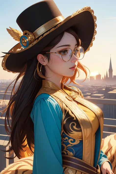1girl, fantasy Unity Engine, majestic, Landscape of a Alluring Elevated petite [Cosplayer|Korean] (Female:1.3) , she is being looked at by a couple of Frosted animals wearing Exceptional [Lederhosen|Jamaican national costume], she is feeling very melancholy, she is sieging a Castle, the Female is dressed in her [Spiritual:Greedy:5] Top hat, The Top hat is Elegant and is detailed with bits of Denim, she has Pop hair, she has a Mystifying Polish electric orange Ruff, Glasses, crowded field and cityscape, at Golden hour, Wide view, (figurativism art by Albert Joseph Moore:0.7) , (Christian Schloe:1.2) , Screen print, Surprising, Villaincore, hard light, telephoto lens, anaglyph filter, tiger print and DayGlo yellow flakes, full of Bronze, sharp, detailed skin, octane engine, 4K