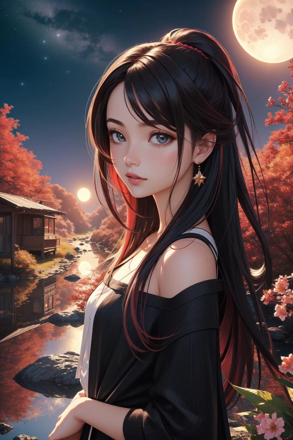 1girl, (by Gabriel Bá:1.3) , fantasy Octane render, masterpiece, over the shoulder shot of a Greedy Small Hipster ([oysters|Underpass]:1.3) , it is sleek, it is with dark red trimmings, Dreadful forest in background, Georgian space and flowers, Moon in the night, in focus, Detailed illustration, Wonder, Academism, hard light, Circular polarizer, Low Contrast, Swirling dark pastel, overly complex style, professional, pixiv