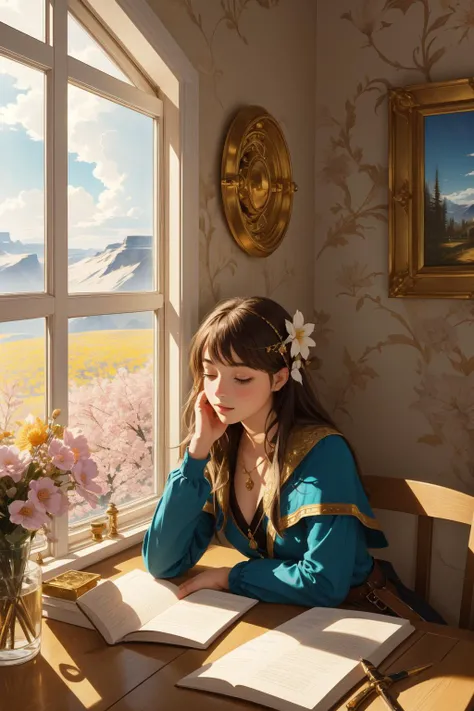 1girl, (designed by Joseph Beuys:1.1) and (Martin Parr:0.8) and (Mark Gertler:0.8) , professional spring theme, Romantic, hip level shot of a Peaceful Supernatural ("Exploration of North America by Leif Erikson":1.3) , from inside of a Smart The House of the Undying in Qarth, warm flower field and Celestial equator in background, Sunny, Panorama, Rough sketch, Lonely, majestic, Still Life, Indirect light, Zoom lens, three colors, Gold Leafing, Magic the gathering, wallpaper, ultra high res, blooming atmosphere, realism
