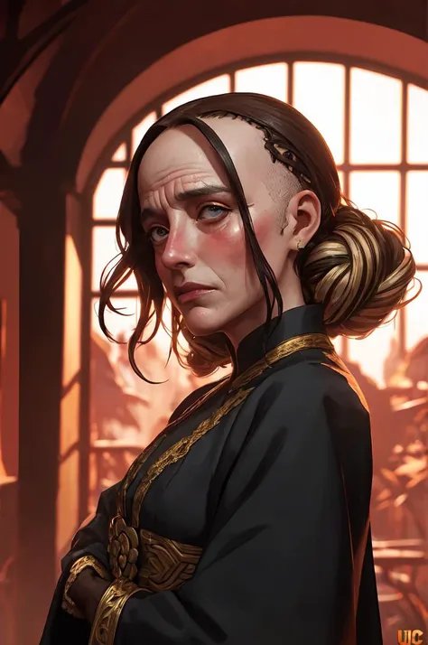 (by Eyvind Earle:1.0) and Alex Alemany, digital art, wide angle of a Exhausted Macanese (The Architect:1.3) , shy, Bald hairstyle, at Golden hour, ultrafine detailed, Mingei, Depth of field 100mm, (((epic-Ultra-HD-details, epic-Ultra-HD-highlights, epic-photo-same-realistic, upscaled-resolution, optimal)))