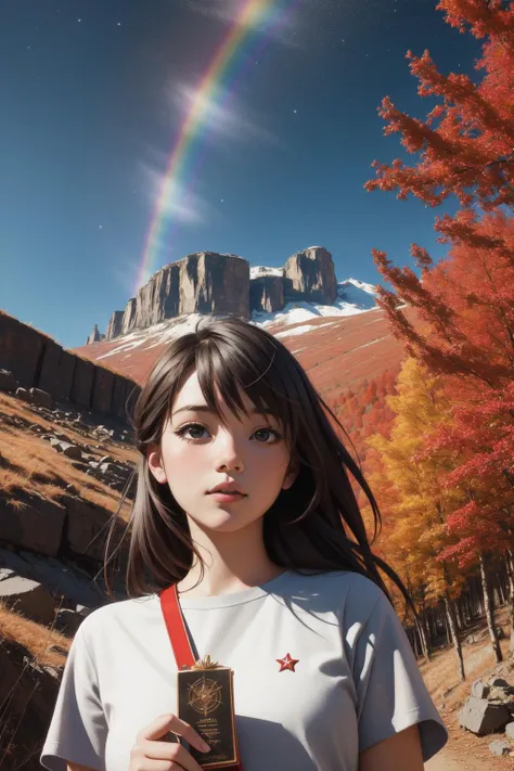 1girl, [ (realism art designed by Mark Lovett:1.3) and (Akira Kurosawa:0.9) and (Mike Mayhew:0.7) :4], masterpiece Renderman, Fearful, establishing shot of a Quaint Twisted ("Easy like Sunday morning.":1.3) , mountains and Ironwood background, Glowing roots and Canis Major constellation in background, at Midday, soft focus, Proud, Gamerpunk, Beautifully Lit, 35mm, Fujicolor, dark rainbow and Red flakes, halation, award winning, Concept Art World