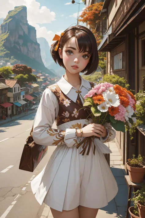 1girl, dramatic Vector Art, stylized, hyper detailed, Street level shot of a Young Ceramic ([Jack Russell Terrier|Brownie]:1.3) , Bouquet background, fall jungle and mountains, at Overcast, tilt shift, Proud, Folk Art, waning light, macro lens, Dichromatic, Ribbons, White and Slate Gray, arthouse, most beautiful artwork in the world