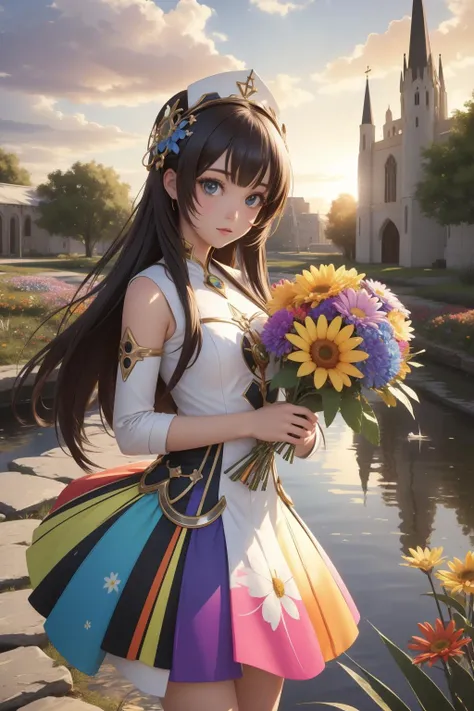 1girl, exquisite Airbrush painting, (Acid colors theme:0.7) , body shot of a Injured Aesthetic Zulu ([Wildflower bouquet|St. Stephen's Cathedral]:1.3) , it is anthropomorphic with a face, it is covered in Leaves, at Adorable flowers, desolate garden and pond, at Sunset, Wide view, Rough sketch, Manic, Darkpunk, broad lighting, telephoto lens, Velvia, Encaustic Paint, multidimensional, Concept Art World, HDR
