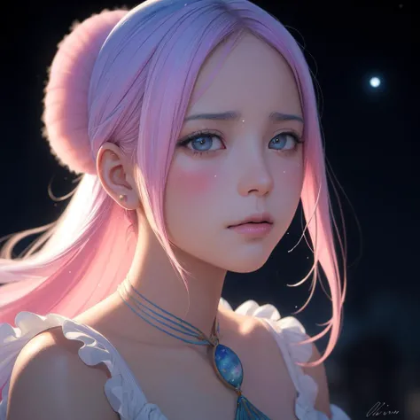 1girl, [portrait art by J. G. Jones and Peter Coulson::10], realism art, Water color painting,close up of a Formal Algerian ([pepper:cotton candy:1]:1.2) , Irritated street and Libra constellation in background, Moon in the night, shallow depth of field, Evil, F/8
