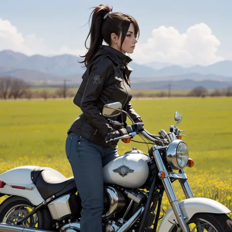 1girl, Concept art, field, over the shoulder shot of a Gigantic Harley-Davidson, Spring, soft focus, Cosy, One Color