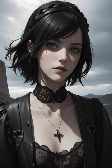 1girl, landscape of a [The Devil's Tower|Saint Lucia], Absurd, Clear skies, figurativism art, by Martine Johanna, Bastien Lecouffe-Deharme, Overdetailed art, Nu Goth Art, Rembrandt lighting, telephoto lens, moody, concept art