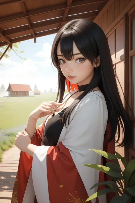 During the day in autumn，The sky is blue，Sunlight shines on the earth through the red maple leaves。The warm sun shines on a beautiful autumn foliage forest，It gave the whole scene a bright glow。On this beautiful autumn day，There is a sexy woman，She wore black stockings，Graceful figure，Stand among the red leaves。Red maple leaves gently drifted around her with the breeze，It adds a touch of mysterious charm to her。
She has long black hair，Qi bangs and double braids make her look more playful and cute。Black stockings set off her slender, straight legs，Show her sexy charm。She wore a lilac sweater and jeans，Comes with a red headband，Shows her youthful energy and fashion taste。
Her thick eyebrows and big eyes revealed a hint of shyness，slight blush on cheeks。She smiled and looked at the audience，Her smile is gentle and sweet，Exudes sexy charm。She places her hands naturally at her sides，Show her confidence and beauty。Black stockings outline her slender straight legs，Make her more sexy and charming。
Her smile revealed a glow of happiness，Like a bright star。Flawless teeth shine in a smile，Exudes a white glow。On this beautiful autumn day，She became the brightest presence in the entire scene。The sexy charm and confidence she exudes make people fall for it，It is as if I have seen the infinite beauty of autumn。
