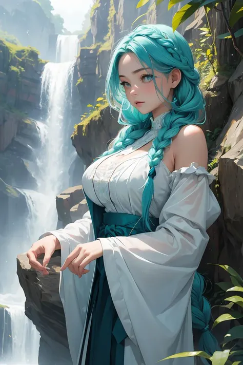 (masterpiece, best quality), 1girl, Aqua Waterfall Braid, big breasts,