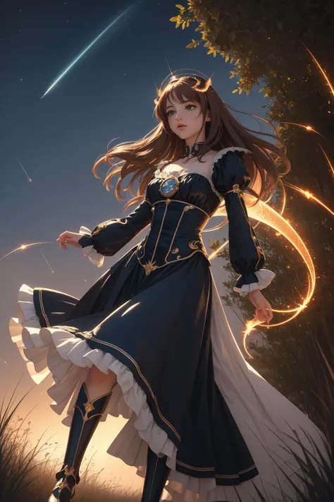 1girl, [ (portrait art designed by Dante Gabriel Rossetti:1.2) and (Marc Silvestri:1.2) :3], romanticism art, masterwork 3D Rendering, Rollerwave, award winning, hip level shot of a [Moist:Warlike:5] Handsome ("The dance of fireflies, a gentle flicker in the darkness, illuminating the night with enchantment.":1.3) , 1800'S Summer Camp in background, [1950S Suburbia|Stupid] field and street, Hazy conditions, equirectangular 360, Grim, back-light, 800mm lens, Agfacolor, multidimensional, epic fantasy, unreal engine, Unsplash, emotional