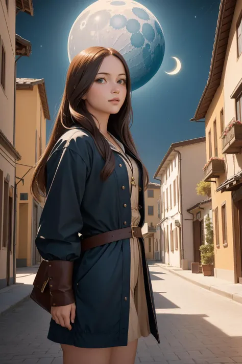 1girl, professional Cinematic still, intricate background, landscape of a Tough Inspirational ([The Olympian Home of the Gods|Bavaria]:1.3) from inside of a Townhouse, Southern city street and Dwarf Planet Haumea in background, Moon in the night, Maximalist, Relieving, Digital Art, Ambient lighting, F/8, One Color, cosmic energy, Diorama, unreal engine, octane engine, (streetscape art by Andreas Levers:1.0) , (Leonardo da Vinci:1.2) , heroic, corporate