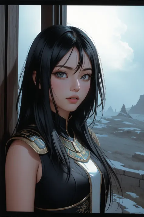 alone, woman, colorful costumes, black hair, long hair, floating hair, shiny hair, jewelry, light smile, detailed beautiful face and eyes, Bright colors, cinematic lighting, jpeg artifact, eye level shot, cast a shadow, Depth of bounds written, hyper realism, Ghibli-like colors, atmospheric perspective, tachi-e, masterpiece, retina, Accurate, highest quality, High resolution, 4K, Super detailed