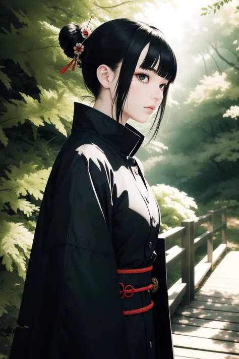 1girl, (manga art stylized by Tsutomu Nihei:0.7) , dark art, nature shot with, Nautical (Aunt:1.2) , looking away, wearing Unconventional Toggle coat, vogue pose, Blunt bangs hairstyle, Samurai background, Hermitpunk, Ethereal Lighting, Depth of field 100mm, Outdoors, greenery, natural light, fresh