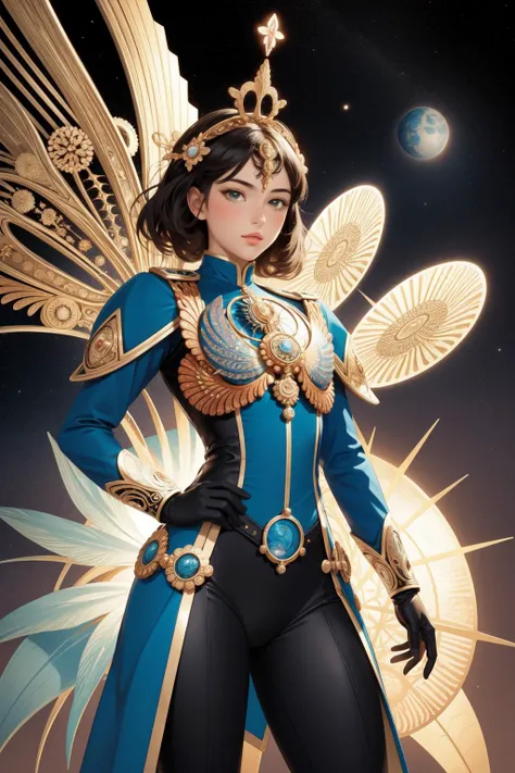 1girl, (comics art stylized by Tom of Finland:0.9) and (Ernst Haeckel:1.3) , [awardwinning Drawing, stylized, extreme wide shot of a ("The Indonesian National Revolution":1.3) , it is very [Heartwarming|Cloudy] and Human, Orion's Belt background, desolate cityscape and Pulsar in background, at Twilight, Wide view, Visual novel, Peaceful, Trendercore, Nostalgic lighting, F/14, electric blue color grading, Cross Processing, Black explosions, masterpiece, Flickr::14]