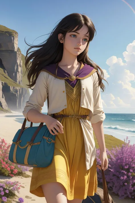 1girl, (designed by Ken Kelly:0.7) and (Kenneth Noland:1.1) , scene art, detailed Unreal Engine, Golden ratio, intricate details, medium wide shot of a [Pure|Hypnotic] Kintsugi Gradient and Colorful ([Stork:Frodo Baggins:4]:1.3) , at Drab beach, Purple vegetation and flowers, Clear skies, Wide view, Visual novel, Shameful, lovely, Steelpunk, short lighting, F/2.8, Electic Colors, Liminal dream, Dufaycolor Photograph, 8K, award winning, ordinary