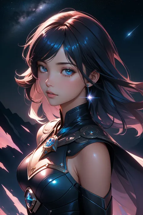 (masterpiece、Highest quality、beautiful:1.2)、(Super beautiful art:1.2)、1 Girl、 (Sapphire blue round eyes、Cosmic Eyeshadow Color、Enchanting eyelashes)、Glossy lip、Fair face、A gentle gaze gazes out at the galaxy、Transparent, shiny skin、Fair Hand、Iridescent aura、Mysterious and enchanting atmosphere、A chaos of overlapping colors of bright and transparent prism effect of blue and green light、Glowing particles scattering、Soft Galaxy Background