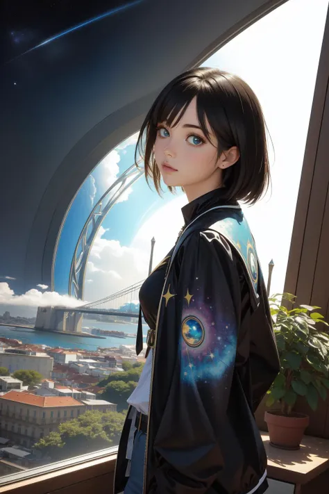 1girl, [ (by Bill Carman:0.7) and (Arthur Adams:1.1) and (Frederick Goodall:1.2) :14], colorful Unreal Engine, Mannerism Art, masterpiece, landscape of a Disruptive Rich ([Seamount:Lisbon:1]:1.3) from inside of a School, behance, Hopeless forest and Planetary nebula in background, Foggy, Screen print, Fantasy, Black lighting, Fish-eye Lens, Provia, arcane, Encaustic Paint, hyperdetailed, wallpaper