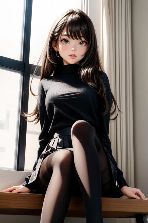 1girl, looking from below, wearing black pantyhose, sitting,  <lora:add_detail:1>