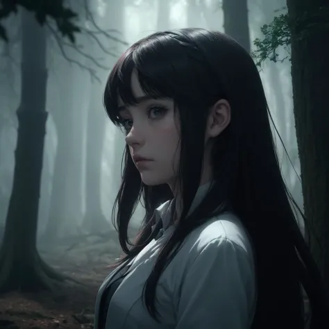 1girl, Anime, Adorable Lovecraftian Ana de la Reguera, The Blackwood Forest in background, Hurricane, Bokeh, key visual