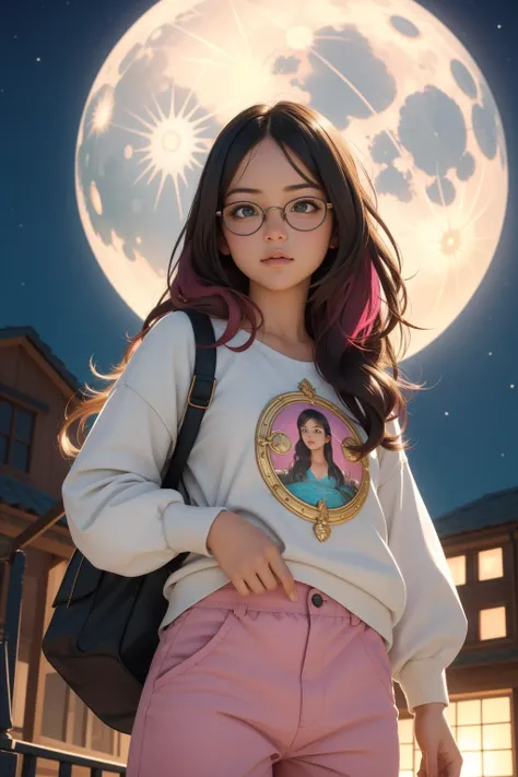 1girl, studio Technical illustration, Hermitpunk, intricate details, High exposure of a strong traditional Palauan Entomologist (Girl:1.3) , the Entomologist is very Despicable and Wanderlust, she is reimagined as a Stranger Things series character, she is very bored, dressed in a very [Granular:Elite:6] Baggy Pants made by Bill Blass, her hair is traditional Northern and styled as Fauxhawk, Wavy hair, she has a Dreadful traditional Oriental Turquoise Glasses, Baroque Three-Eyed, from inside of a Angry Gymnasium, Creative street with Flower Bulb, Moon in the night, shallow depth of field, Fine art, Zen, dark pink lighting, Fish-eye Lens, four colors, rpg concept art, Ebru, photo-realistic face, realistic and detailed, Pixabay, extremely beautiful, (designed by Robert Antoine Pinchon:0.8) , (Atom Egoyan:0.7) , (Joseph Cornell:0.8) , artistic