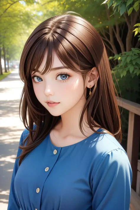 1girl, looking at viewer, brown hair, blue dress, upper body