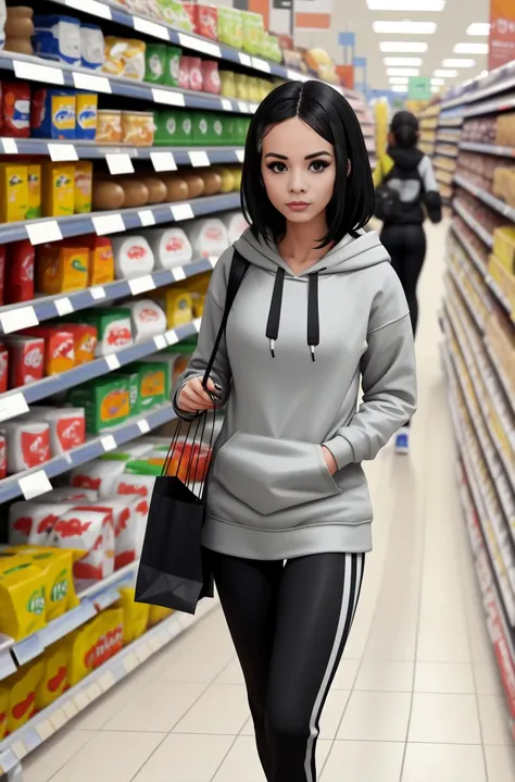 1girl, slim, fit, black hair, , bored expression, wearing a hoodie, wearing yoga pants, wearing sneakers, in a supermarket, walking towards the camera, looking down,.