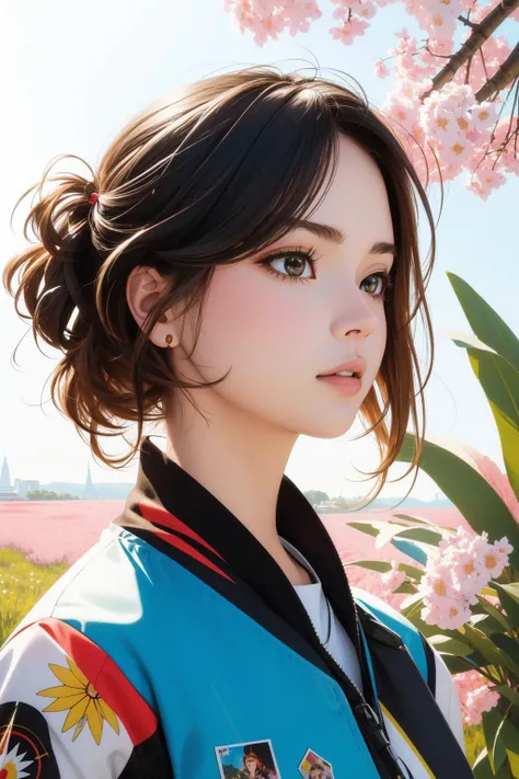 1girl, (comics art by Sandra Chevrier:1.2) and (Raynald Leclerc:1.3) , portrait art, detailed, Encaustic Paint, angle from below of a Tiny Sophisticated ("The best is yet to come.":1.3) , Digital Age background, lush pond and blossoms, Sun in the sky, in focus, Ultra Detailed, Romantic, Animecore, soft lighting, Depth of field 270mm, Cold Colors, Digital distortions, poster art, Highres, trending on CGSociety