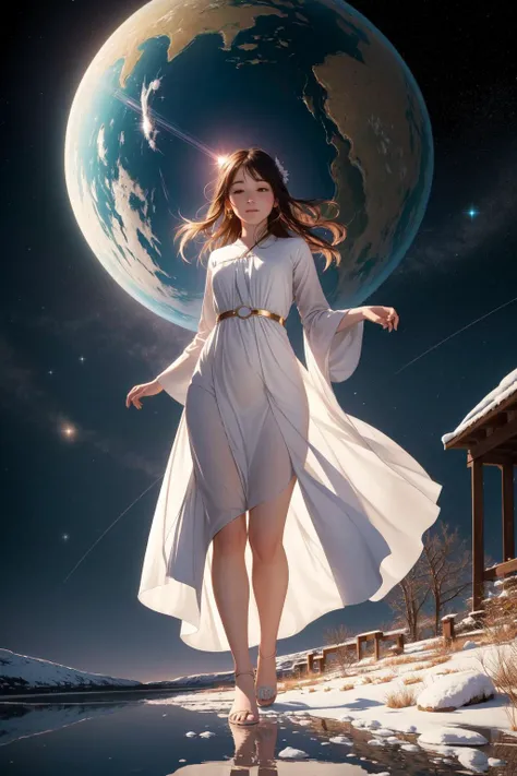 1girl, (art by Leanne Surfleet:0.8) , fantasy, Romantic, zoomed out of a Selfish Mean ("Silent footfalls in the sanctuary of nature, where the soul finds solace, and the spirit finds serenity.":1.3) , detailed Amber background, winter space and Planetary rotation in background, at Dawn, Wide view, Sketch, Guilty, Bardcore, Reflected light, pinhole lens, four colors, Light sparkles, symbolism, 8K, trending on CGSociety
