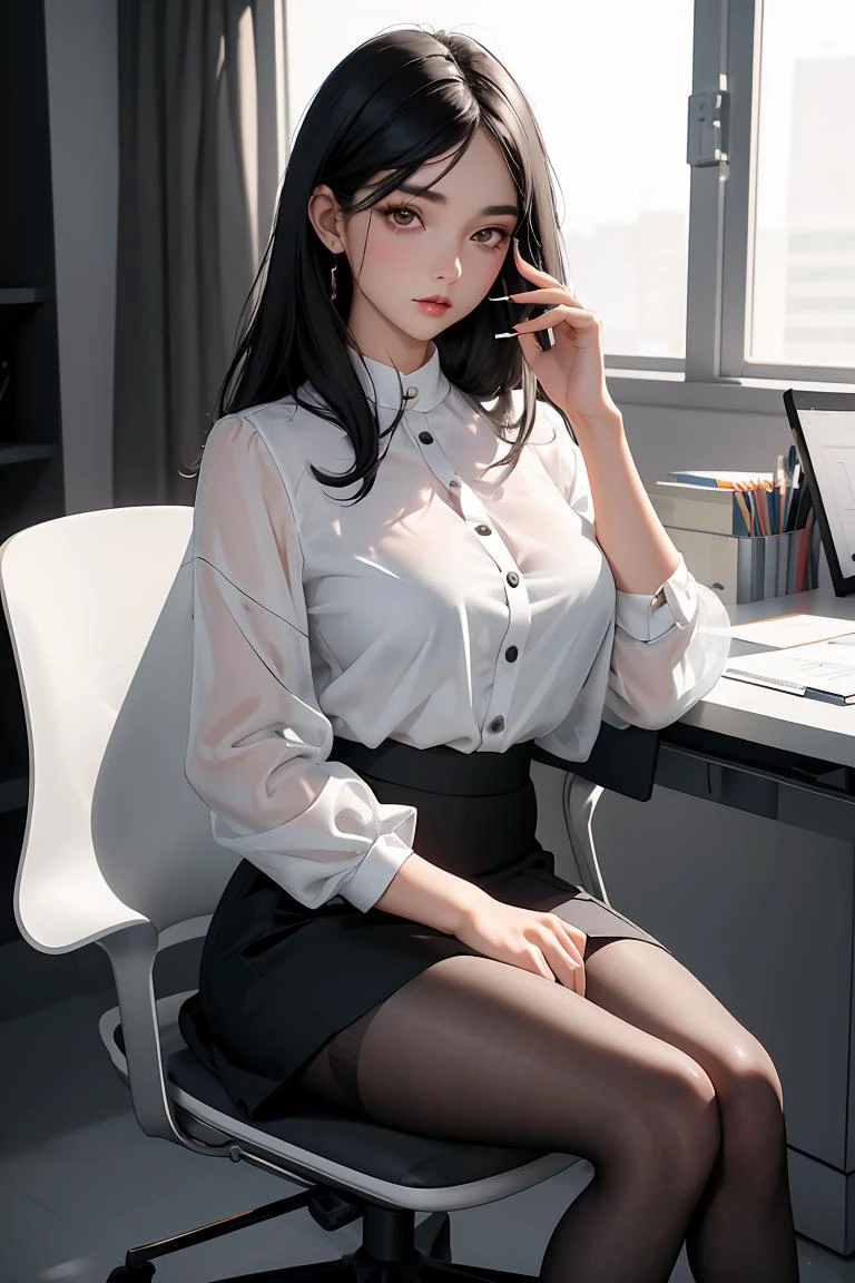 (masterpiece, best quality), a young black haired girl office secretary dressed in a transparent white blouse and black office skirt and black pantyhose ,sitting in an office chair, holding pencil, (detailed skin:1.3),(detailed eyes), (sharp focus),