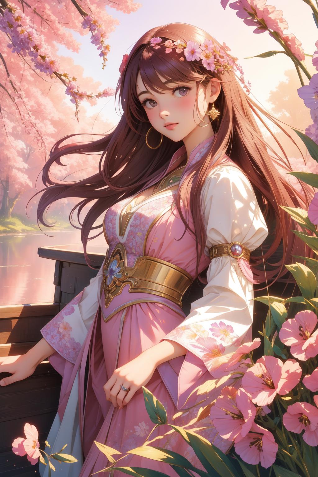 A woman in a pink dress standing in front of a tree - SeaArt AI