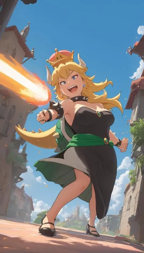 best quality, high resolution, large breasts, blonde hair, blush, Evil smile, cowboy shot, looking at viewer, bowsette, pink lip, in a volcano with lava, (((sexy shoulders))), (((shoulders Focus))), (((ass)))