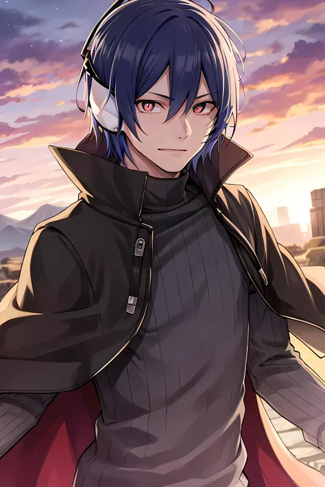 masterpiece, (best quality), 1man,1boy, mcsmtds, blue hair, red eyes, male focus, headphones, shirt, sweater, black cape, (masculine), turtleneck, upper body, evil grin, adult, vibrant colors ,natural lighting ,RTX, handsome, (detailed face:1.2), showcase, (photorealistic:1.1), (perfect eyes:1.1) , (perfect pupils), 8k uhd, looking at viewer, outdoors, simple backround,