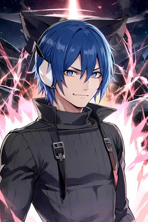 masterpiece, (best quality), 1man,1boy, mcsmtds, blue hair, blue eyes,dark red aura, ki charge, male focus, headphones, shirt, sweater, (masculine), turtleneck, upper body, evil grin, adult, vibrant colors ,natural lighting ,RTX, handsome, (detailed face:1.2), showcase, (photorealistic:1.1), (perfect eyes:1.1) , (perfect pupils), 8k uhd, looking at viewer, outdoors, simple backround, <lora:DBKiCharge:0.6>