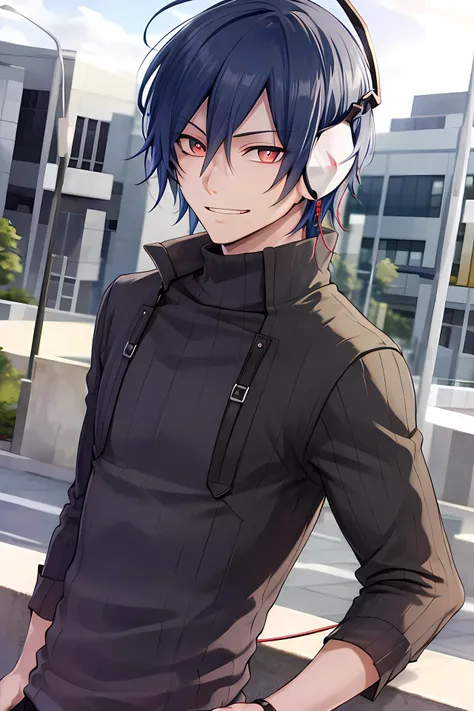 masterpiece, (best quality), 1man,1boy, mcsmtds, blue hair, red eyes, male focus, headphones, shirt, sweater, (masculine), turtleneck, upper body, evil grin, adult, vibrant colors ,natural lighting ,RTX, handsome, (detailed face:1.2), showcase, (photorealistic:1.1), (perfect eyes:1.1) , (perfect pupils), 8k uhd, looking at viewer, outdoors, simple backround,