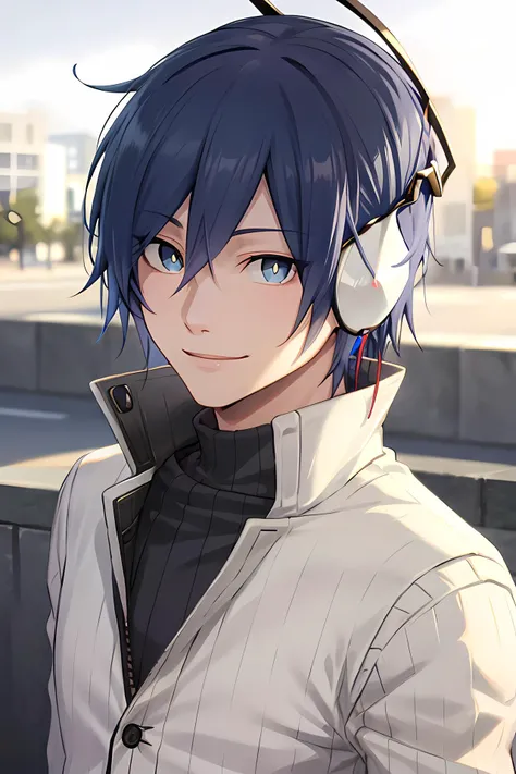 masterpiece, (best quality), 1man,1boy, mcsmtds, blue hair, blue eyes,male focus, headphones, shirt, sweater, (masculine), turtleneck, upper body, smile, adult, vibrant colors ,natural lighting ,RTX, handsome, (detailed face:1.2), showcase, (photorealistic:1.1), (perfect eyes:1.1) , (perfect pupils), 8k uhd, looking at viewer, outdoors, simple backround,