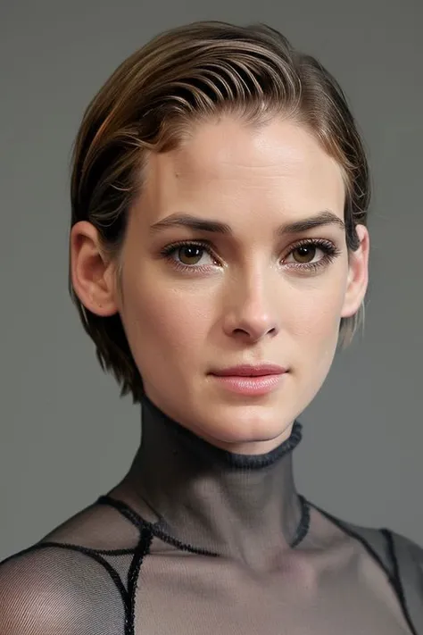 (CR-Winon4Ryder-summer4love263:0.95), face closeup photo of woman wearing black turtleneck dress, (grey background:1.1), (oiled shiny skin:1.0), (tilted angle shot:1.1), slick undercut hair,