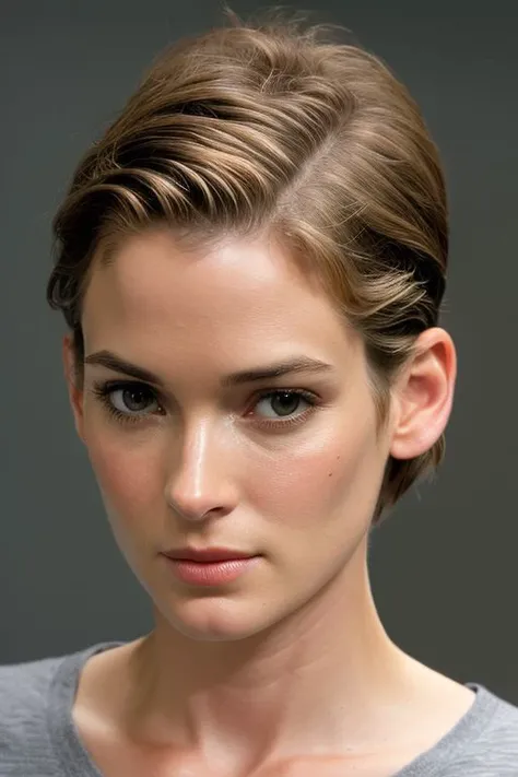 (CR-Winon4Ryder-summer4love263:0.9), face closeup photo of woman wearing t-shirt, (grey background:1.1), (oiled shiny skin:1.0), (tilted angle shot:1.0), undercut hair,