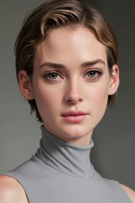 (CR-Winon4Ryder-summer4love263:0.95), face closeup photo of woman wearing turtleneck dress, (grey background:1.1), (oiled shiny skin:1.0), (tilted angle shot:1.1), slick undercut hair,