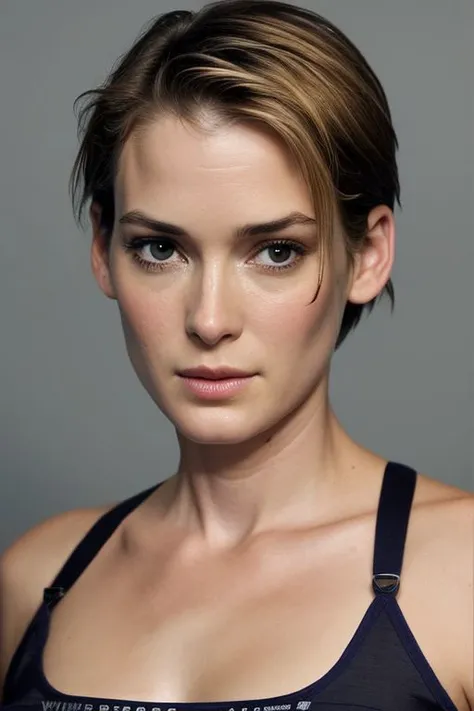 (CR-Winon4Ryder-summer4love263:0.9), face closeup photo of woman wearing t-shirt, (grey background:1.1), (oiled shiny skin:1.0), (tilted angle shot:1.0), slick undercut hair,