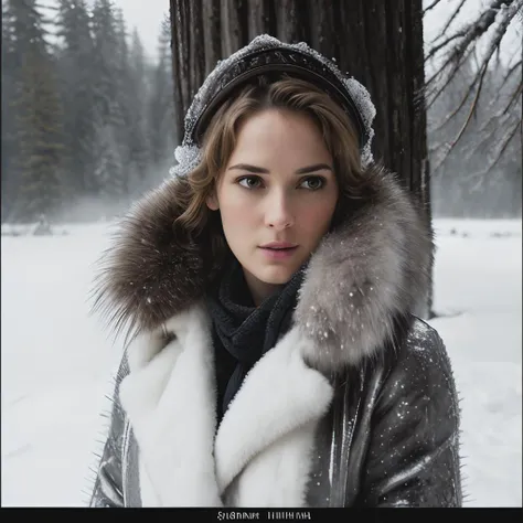 winonaryder an ,a close up photo (30 year old woman) , (white fur coat), art photography, winter, (snow covered trees, rocky mountains),(dark, fog) (log cabin) 24mm, 4k textures, soft cinematic light, adobe lightroom, photolab, hdr, intricate, elegant, highly detailed, sharp focus, ((((cinematic look)))), soothing tones, insane details, intricate details, hyperdetailed, low contrast, soft cinematic light, exposure blend, hdr,