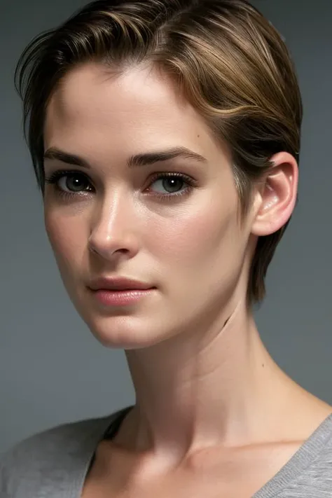 (CR-Winon4Ryder-summer4love263:0.9), face closeup photo of woman wearing t-shirt, (grey background:1.1), (oiled shiny skin:1.0), (tilted angle shot:1.0), slick undercut hair,