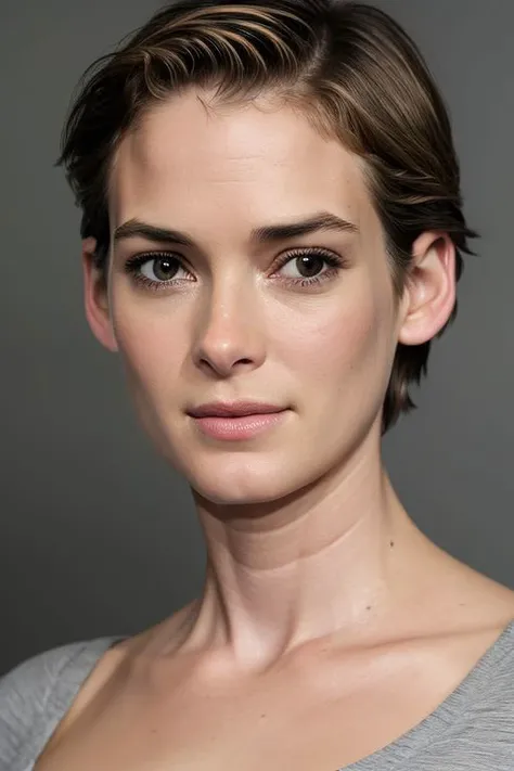(CR-Winon4Ryder-summer4love263:0.95), face closeup photo of woman wearing t-shirt, (grey background:1.1), (oiled shiny skin:1.0), (tilted angle shot:1.0), slick undercut hair,