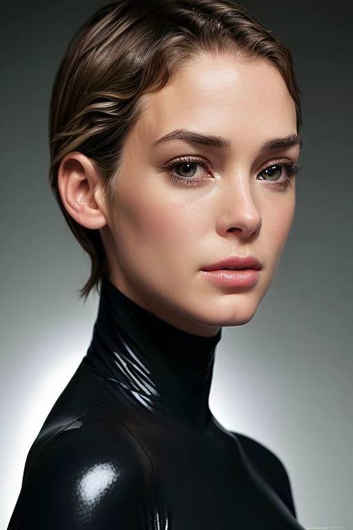 (CR-Winon4Ryder-summer4love263:0.95), face closeup photo of woman wearing black turtleneck dress, (grey background:1.1), (oiled shiny skin:1.0), (tilted angle shot:1.1), slick undercut hair,