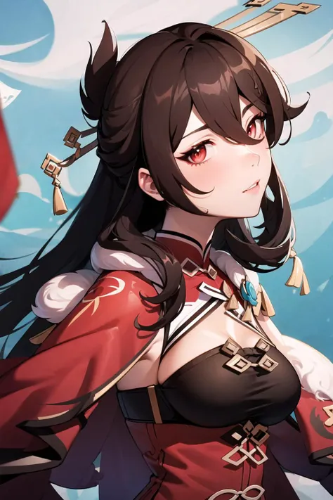 masterpiece, best quality, 1girl, solo, long hair, breasts, looking at viewer, bangs, brown hair, hair ornament, red eyes, dress, hair between eyes, upper body, parted lips, from side, looking to the side, fur trim, profile, capelet, chinese clothes, hairpin, hair stick, beidou (genshin impact), <lora:BeidouLora:0.85>