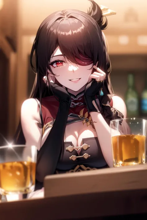 masterpiece, best quality, 1girl, solo, long hair, breasts, looking at viewer, smile, bangs, brown hair, hair ornament, red eyes, gloves, holding, cleavage, jewelry, upper body, earrings, parted lips, black gloves, fingerless gloves, hair over one eye, blurry, cup, chinese clothes, eyepatch, holding cup, hand on own face, alcohol, drinking glass, ice, hairpin, drink, ice cube, beidou (genshin impact), <lora:beidouloraaa:0.85>