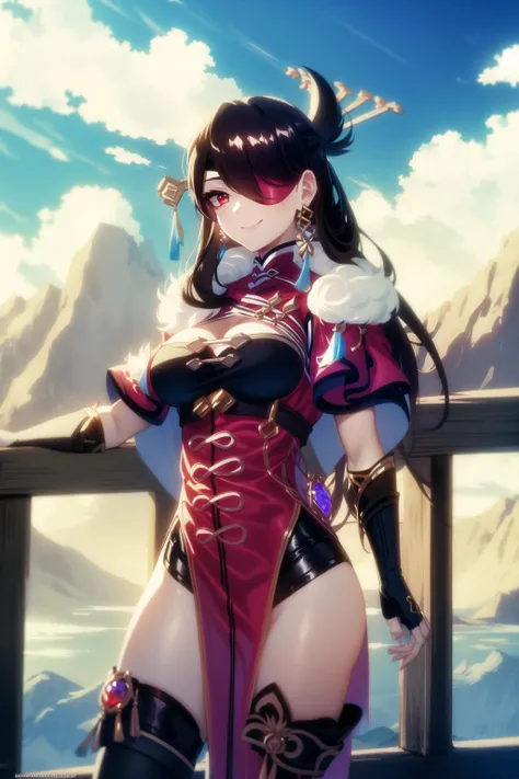 masterpiece, best quality, 1girl, solo, long hair, breasts, looking at viewer, smile, bangs, large breasts, brown hair, hair ornament, red eyes, thighhighs, gloves, dress, cleavage, jewelry, medium breasts, closed mouth, thighs, cowboy shot, earrings, outdoors, sky, shorts, day, black gloves, cloud, fingerless gloves, hair over one eye, blue sky, fur trim, clothing cutout, capelet,  bird, chinese clothes, eyepatch, red dress, pelvic curtain, fur collar, hairpin, one eye covered, mountain, railing, hair stick, red capelet, beidou (genshin impact), <lora:beidouloraaa:1>