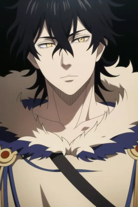 masterpiece, best quality, high quality, 1boy, solo, male focus, looking at viewer, upper body, <lora:yuno:0.78>, yuno, black hair, yellow eyes, hair between eyes, fur trim, realistic