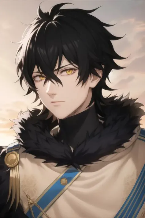 masterpiece, best quality, high quality, 1boy, solo, male focus, looking at viewer, upper body, <lora:yuno:0.80>, yuno, black hair, yellow eyes, hair between eyes, fur trim, realistic