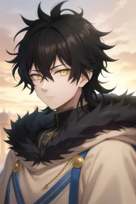 masterpiece, best quality, high quality, 1boy, solo, male focus, looking at viewer, upper body, <lora:yuno:0.78>, yuno, black hair, yellow eyes, hair between eyes, fur trim,
